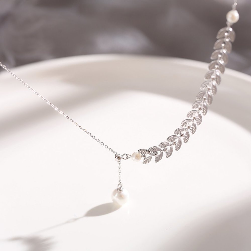 NEW 925 Sterling Silver Leaf Arrow Pearl Necklace - Picture 4 of 8